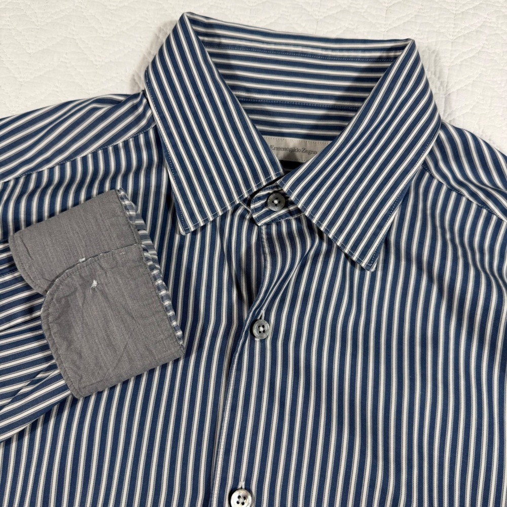Ermenegildo Zegna Striped Button Down Shirt Mens L Blue White Made in Italy EUC